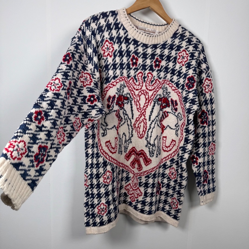 90s Delia McKain Sweater Women S Houndstooth Horseshoe Equestrian Rodeo USA Made